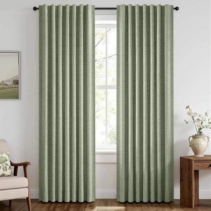MIULEE 100% Blackout Linen Curtains for Bedroom, Sage Green Solid Luxury Decor Thermal Insulation Room Darkening Drapes for Living Room Back Tab Rod Pocket 42 x 63 Inches, 2 Panels