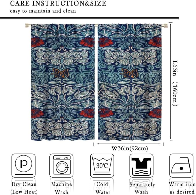 Bohemian William Morris Retro Plant Floral Blackout Window Curtains, Flower Vintage Country Farmhouse Art Window Drapes, for Bedroom Living Room 72x63in