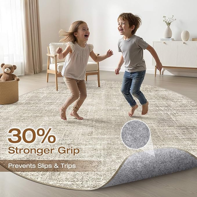 8ft Round Rug Living Room: 8x8 Washable Large Neutral Brown Circle Area Rug Abstract Soft Modern Stain Resistant Indoor Floor Non-Slip Carpet for Bedroom Nursery Kids Office Playroom Dining Room