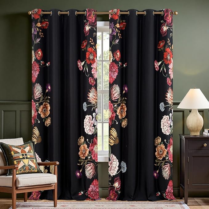 jinchan Hannah Floral Blackout Curtains with Retro Vintage Black Boho Flower Print Drapes for Bedroom Living Room Fall Decor Window Curtains Room Darkening 96 Inches Length 2 Panels Set with Grommet