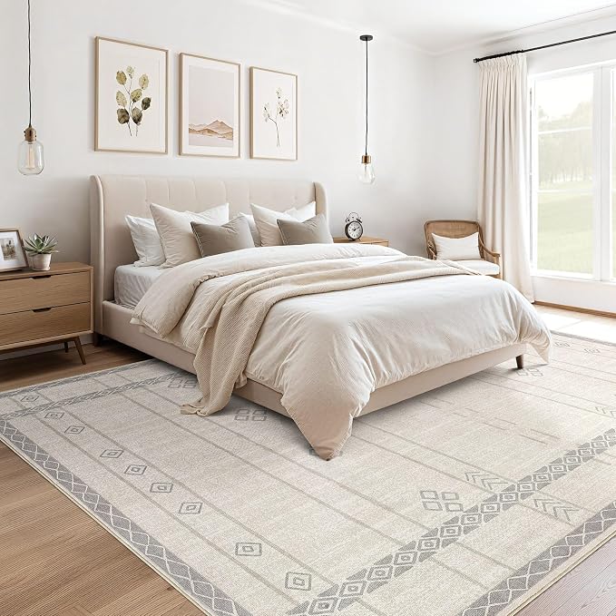 cotiled 5x7 Area Rugs Living Room Rug: Washable Boho Rugs with Non Slip Backing Large Soft Indoor Stain Resistant Carpet for Bedroom Farmhouse Dining Room Lightweight Home Decor Grey Beige