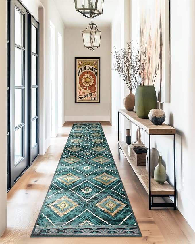 BESTSWEETIE Area Rug 2x8 Rug Machine Washable Non-Slip Low Pile Print Pattern Western Rug for Living Room Bedroom Entryway Tribal Series -Teal/Green