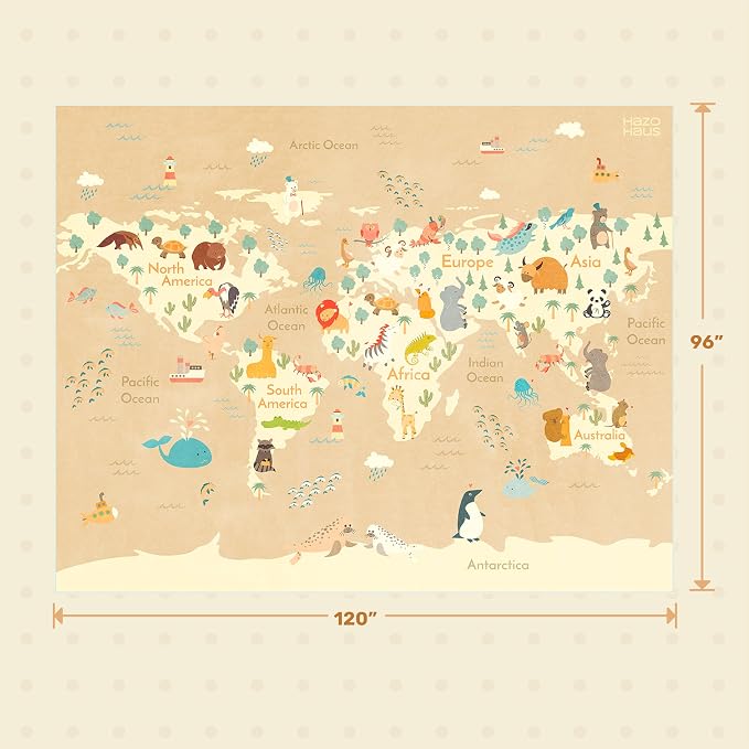 Large Kids Area Rugs with Animal - 8x10 Beige Rug for Kids Room, Classroom, Bedroom, Living Room, Washable Wipeable Ultra Soft Crawling World Map Carpet with Ocean, Continents & Cute Animals
