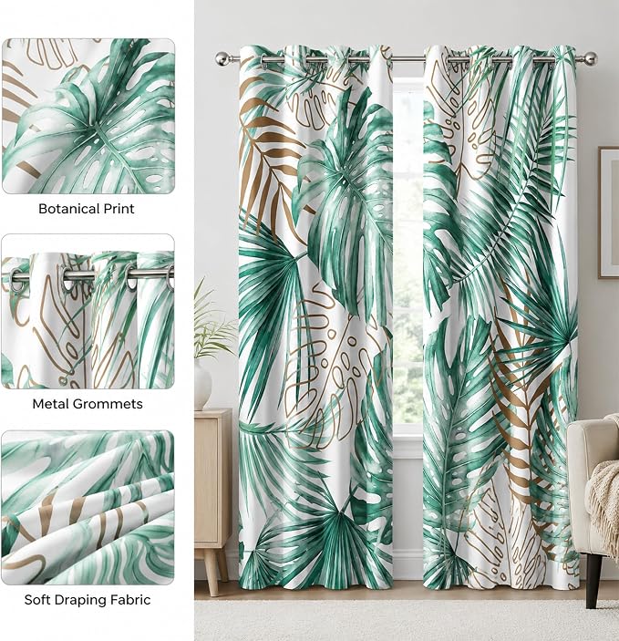 iTapnoom Tropical Palm Leaves Blackout Curtains, Gold and Green Botanical Plants Leaf Window Drapes Darkening Grommet Window Curtains for Living Room Bedroom Decor 2 Panels 52"x84" Inch