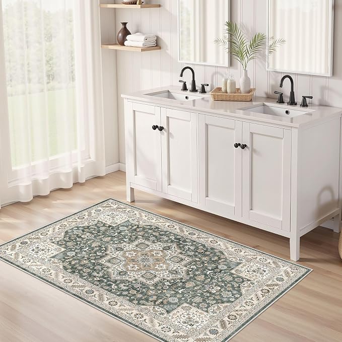 cotiled Vintage Living Room Area Rug 3x5 - Large Soft Washable Oriental Traditional Distressed Farmhouse Rugs for Bedroom - Indoor Floor Accent Carpet for Home Office House Decor - Vintage Green