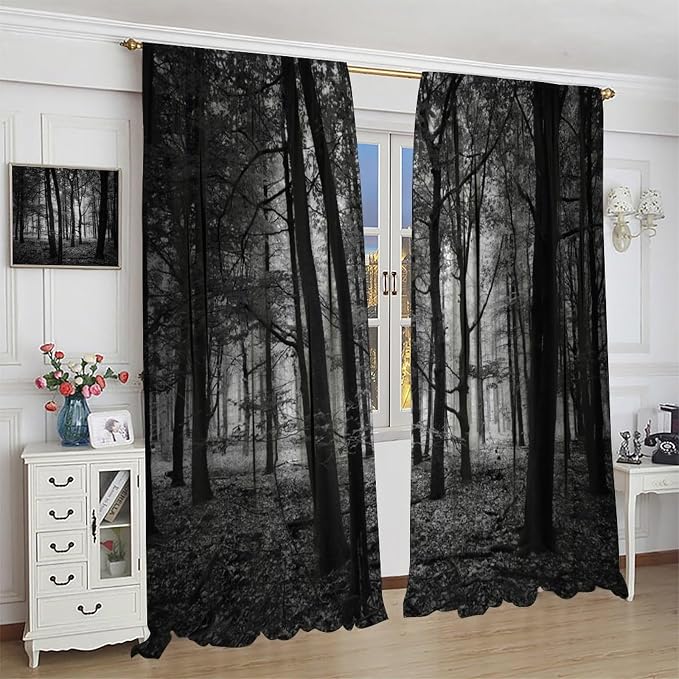 Forest Blackout Curtains,Gothic Natural Scenery Fantasy Dark Black Misty Foggy Mysterious Forest Woodland Tree Art Printed Windows Treatments Rod Pocket Drapes For Living Room Bedroom Kitchen 52x96in