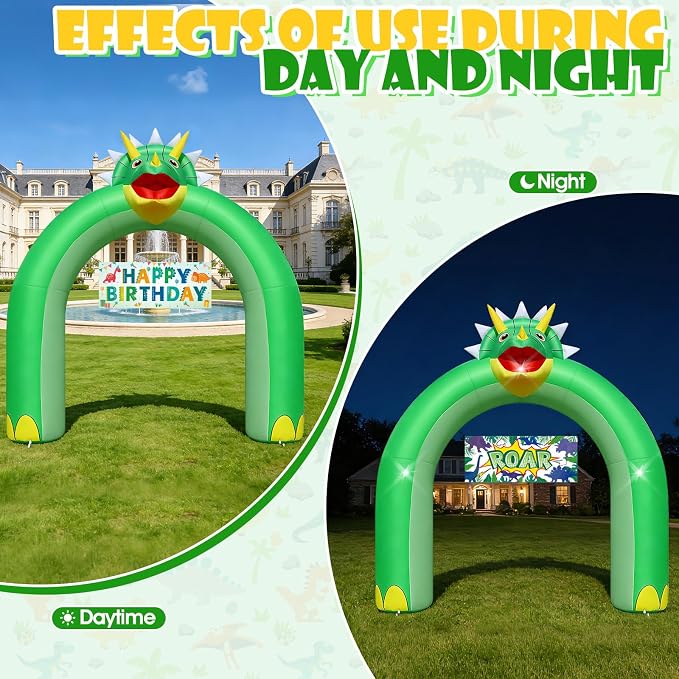 9.5FT Giant Triceratops Inflatable Arch - Dinosaur Birthday Party Decorations for Boys Kids, Dinosaur Day Jungle Theme Photo Backdrop with 1 Blower 2 Banners & 3 LED Lights, Outdoor Yard Blow-Up Decor