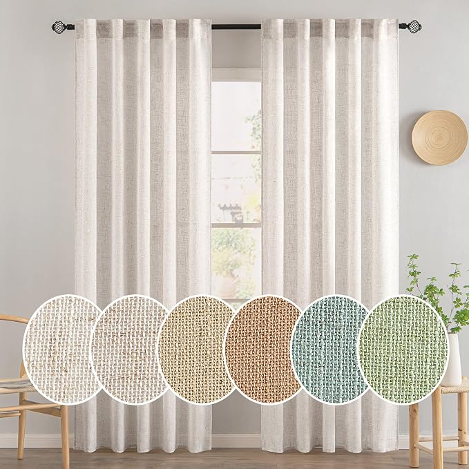 MIULEE White Linen Curtains 84 Inch Length 2 Panels for Bedroom Living Room, Soft Thick Linen Textured Natural Window Drapes Semi Sheer Light Filtering Back Tab Rod Pocket Burlap Look Decor