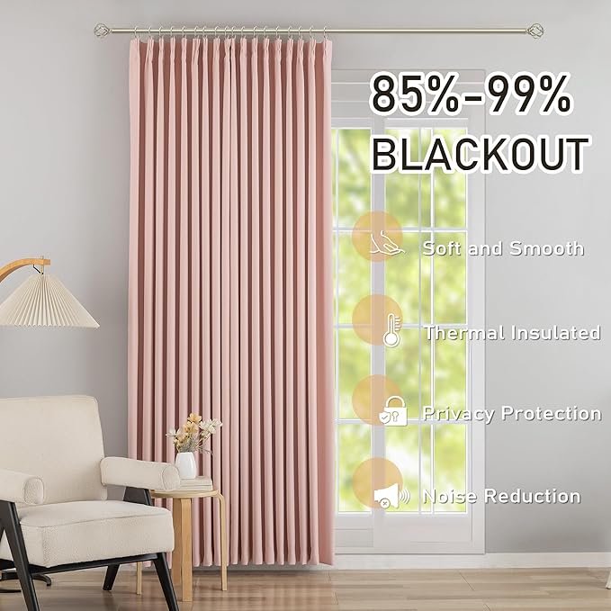 DONREN Baby Pink 60 inch Wide Pinch Pleated Blackout Curtains with Hooks - 102 inch Length Room Darkening Thermal Insulated Window Curtain Panels for Patio Sliding Glass Door,Pack of 2