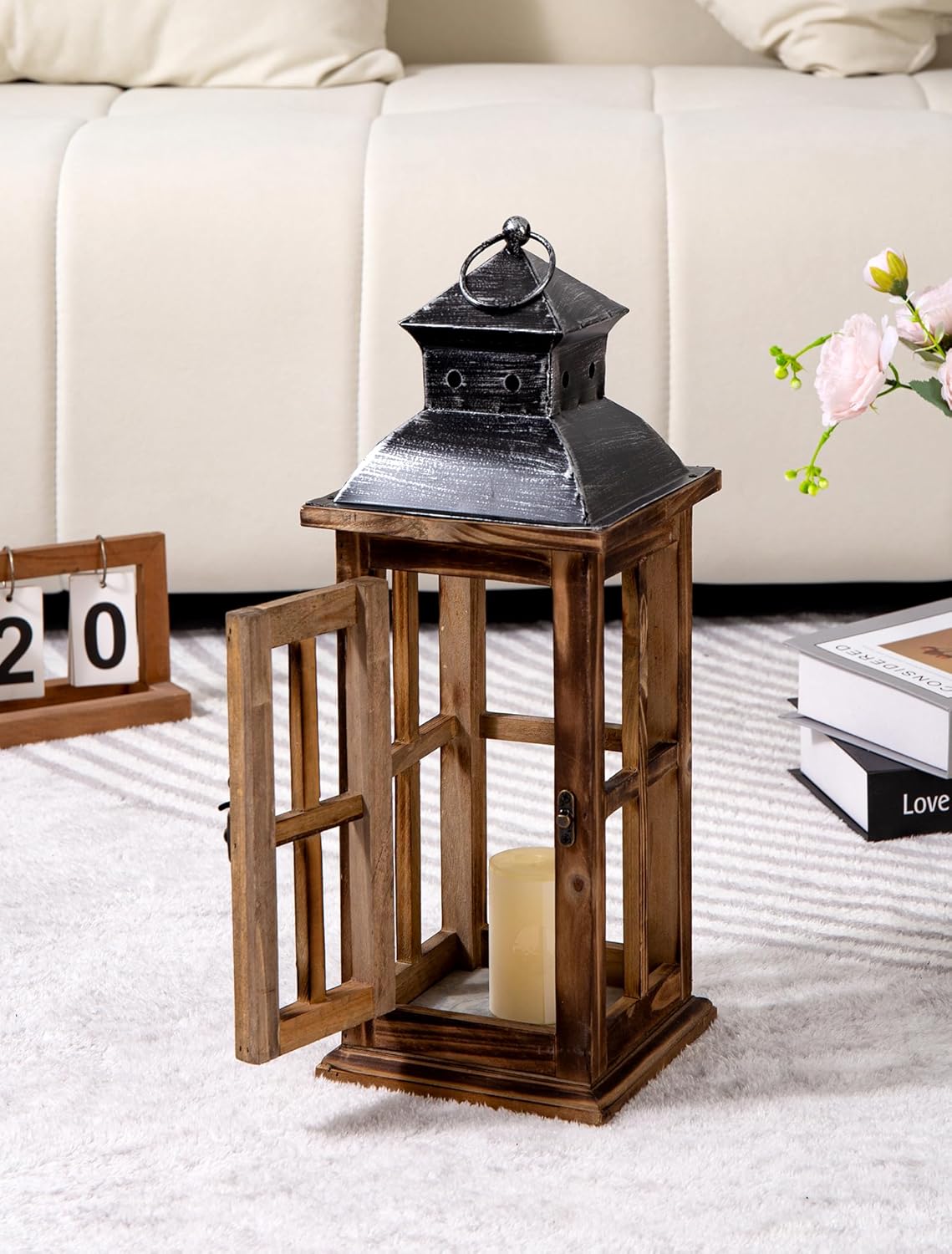 Large Farmhouse Decorative Wooden Lanterns Set of 2, Rustic Burnt Wood Floor Lanterns, Indoor/Outdoor Hurricane Lanterns for Home Decor (No Glass)