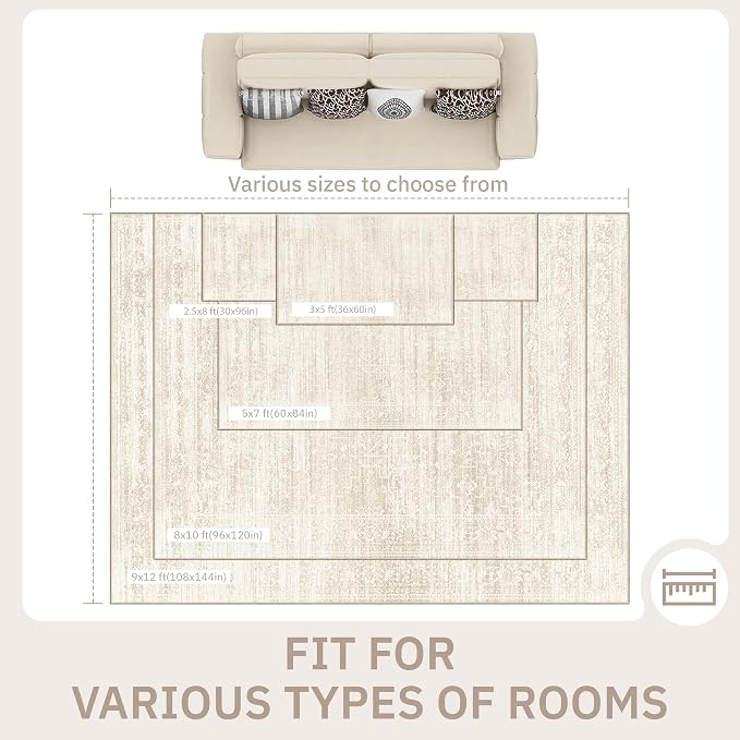 Soalmost 9x12 Area Rugs for Living Room, Washable Soft Rug Beige/Cream | Non-Slip Low Pile Natural Vintage Floral Rug Throw Carpet for Dining Room Bedroom Home Office Nursery 9'x12'