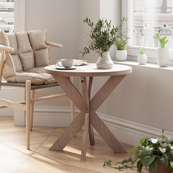 Farmhouse Cross Leg end Table, French Country Accent Side Table for Family, Dinning or Living Room, Small Spaces, Modern, Round, Vintage Grey Finish.
