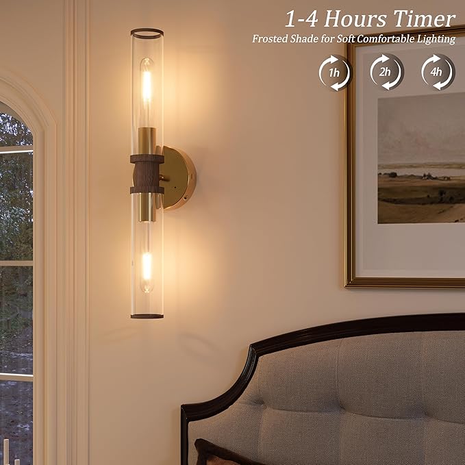 Rayogale Gold & Walnut Wireless Battery Operated Wall Sconces with Remote | Glass Rechargeable Wall Lights Set of 2 with Timer Function Dimmable for Living Room Bedroom Emergency 3000K, 20.5 Inch