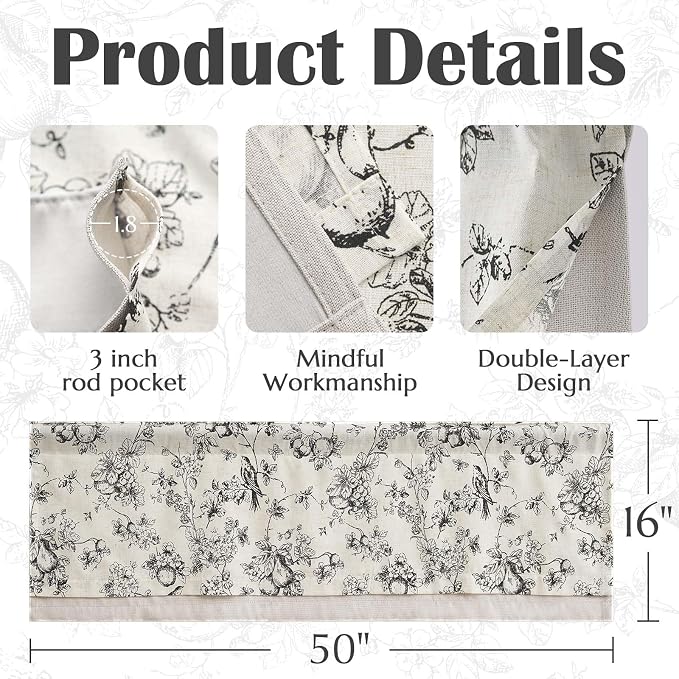 jinchan Linen Valance Curtain for 16 Inch Rustic Farmhouse Country Windows for Living Room Bedroom Bathroom Room Darkening Rod Pocket 1 Panel Black on White