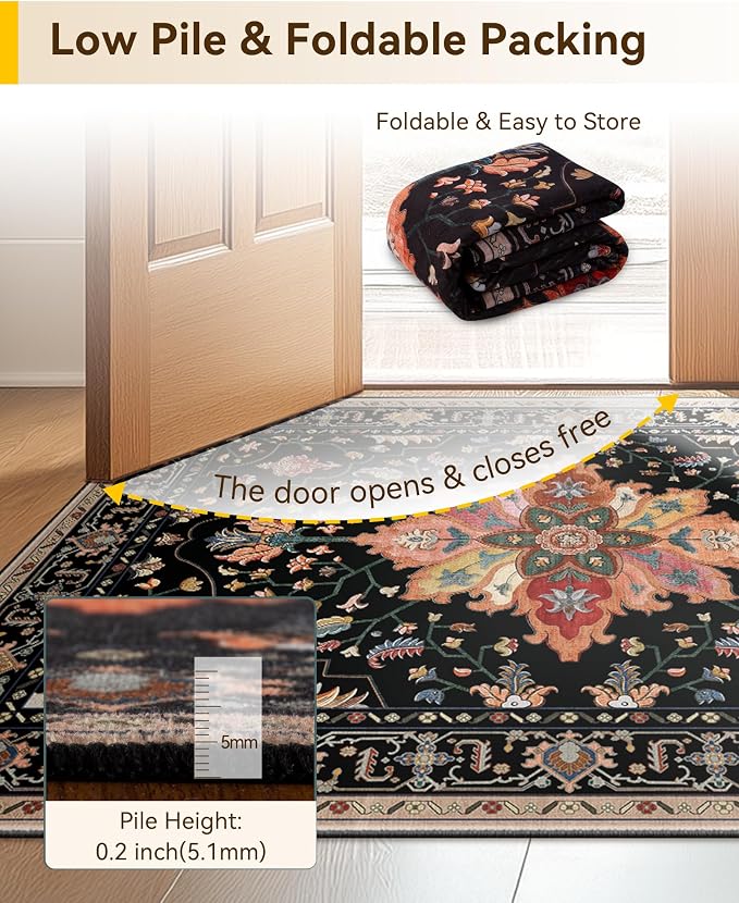 RELEANY Area Rugs Runner 2'x7' Washable Non-Slip, Floral Vintage Distress Medallion Carpet for Kitchen Hallway Bedroom Beside Laundry Room Bathroom, Black Colorful Floral Dark Tan