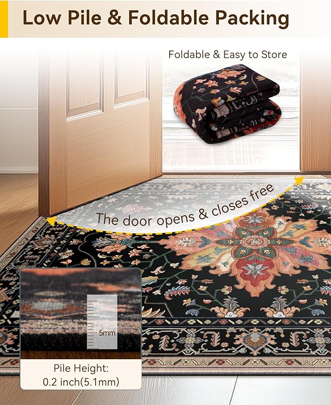 RELEANY Area Rugs Runner 2'x5' Washable Non-Slip, Floral Vintage Distress Medallion Carpet for Kitchen Hallway Bedroom Beside Laundry Room Bathroom, Black Colorful Floral Dark Tan