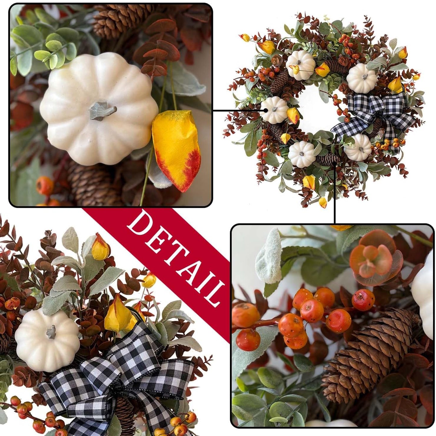 WANNA-CUL 24 inch Large Farmhouse Fall Wreath Decor for Front Door with White Pumpkin,Cotton,Lamb's Ear and Eucalyptus Leaves,Harvest Door Wreath for Autumn or Thanksgiving Decorations