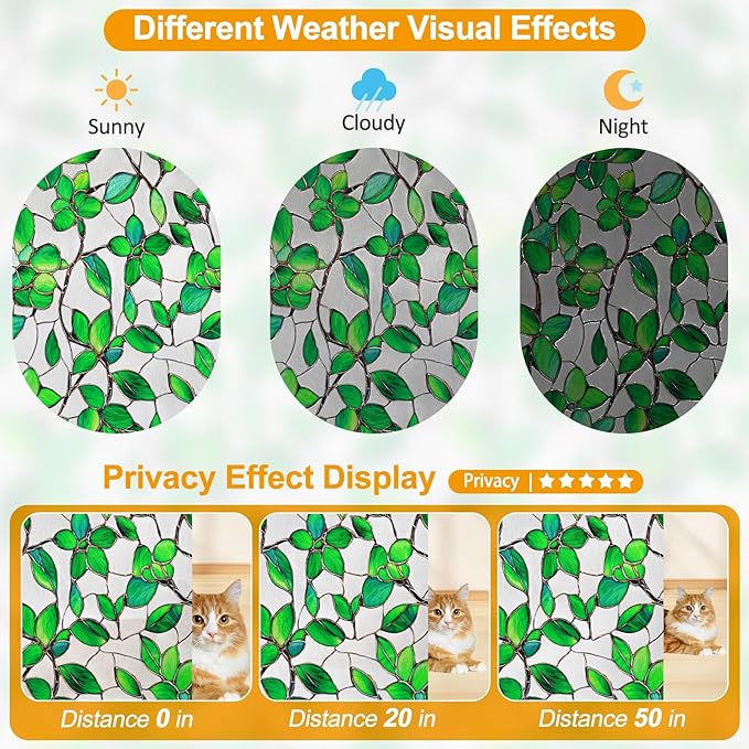 Countewol Greenery Leaf Static Cling Window Film Frosted Stained Glass Privacy Anti-Glare UV Protection for Home & Bathroom (Textured Greenery Leaf, 45.2 x 78.7 in)