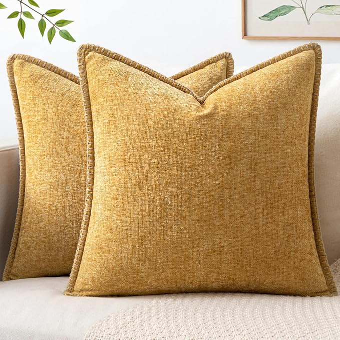 MIULEE Pack of 2 Couch Throw Pillow Covers 16x16 Inch Gold Mustard Yellow Farmhouse Decorative Pillow Covers with Stitched Edge Soft Chenille Solid Dyed Pillow Covers for Sofa Bed Living Room