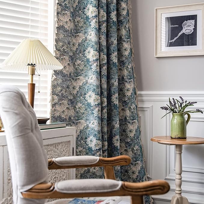 ENJOYBRIDAL Boho Jacquard Curtains 63 Inch Length 2 Panels Blue Floral Drapes for Living Room Farmhouse Semi Sheer Rustic Rod Pocket Window Curtain Panels with Tassel Bedroom Window Treatments