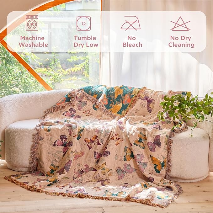 Boho Butterfly Throw Blanket 50"x60" Couch Blanket,100% Cotton Reversible Soft Breathable Lightweight Spring Decorative Blankets with Tassels for Sofa Bed Decor All Season