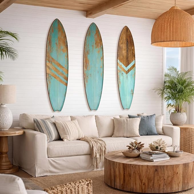 Yookeer 3 Pcs Surfboard Wall Decor,36" x 12" Large Wooden Coastal Beach Wall Decor Set, Aesthetic Cute Beachy Tropical Surf Board Art for Room Bedroom Decoration(Blue,Rustic)