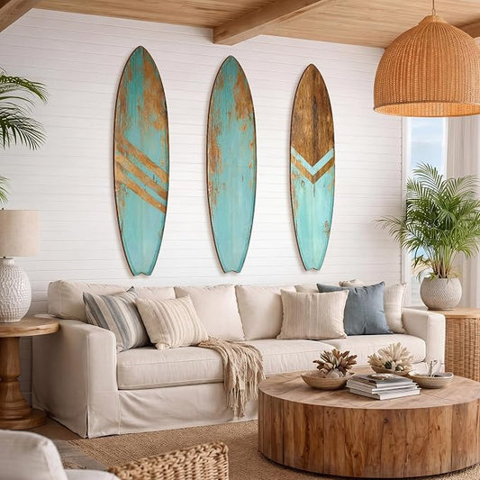Yookeer 3 Pcs Surfboard Wall Decor,36" x 12" Large Wooden Coastal Beach Wall Decor Set, Aesthetic Cute Beachy Tropical Surf Board Art for Room Bedroom Decoration(Blue,Rustic)