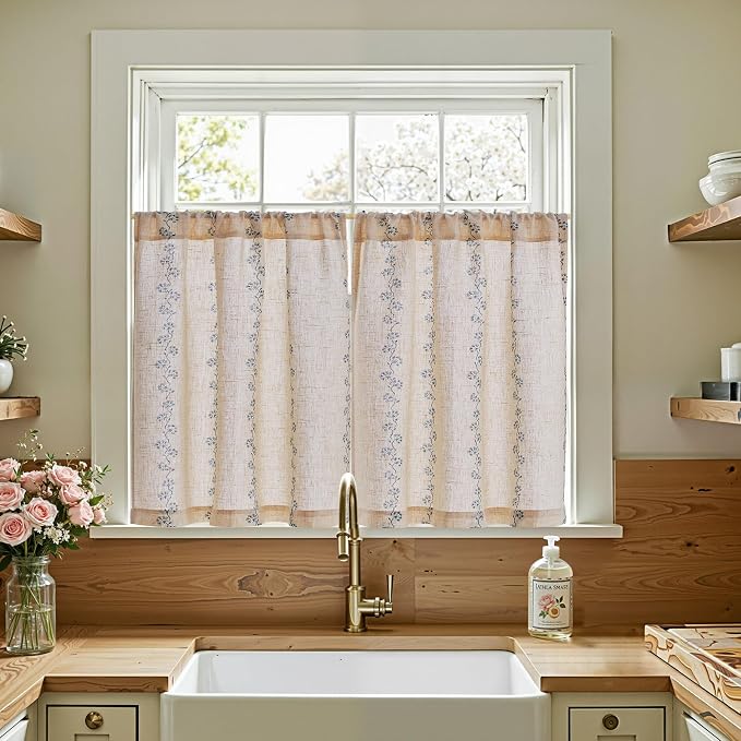 jinchan Katy Linen Floral Kitchen Curtains 30 Inches Length Stripe Cafe Curtains Farmhouse Cottagecore Tier Small Window Drapes for Living Room Light Filtering Rod Pocket 2 Panels Blue on Linen