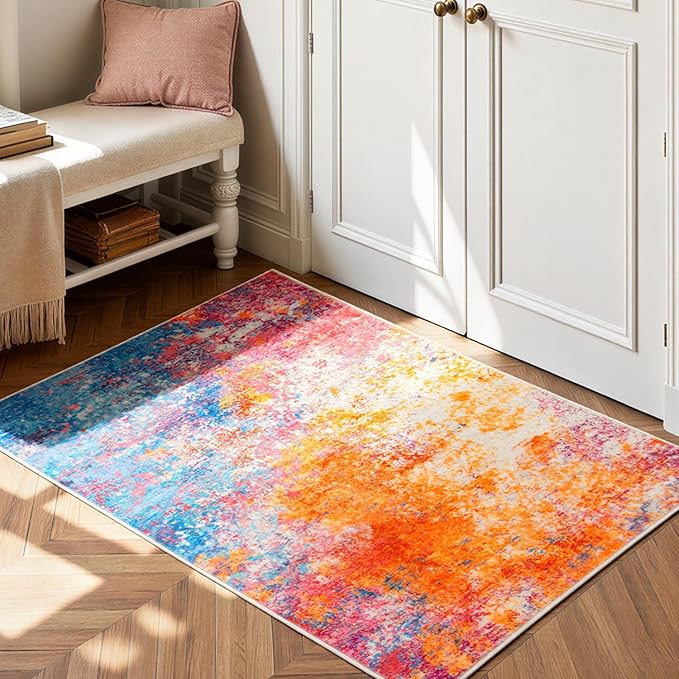 Rugflix 3x5 Entrance Rugs, Entry Rug Washable Non-Slip Stain-Resistant Low Pile, Small Modern Dark Carpet for Living Room Bedroom Indoor, Rainbow