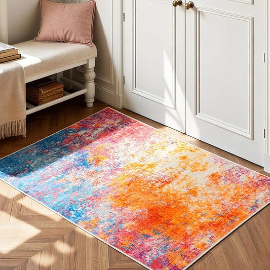Rugflix 3x5 Entrance Rugs, Entry Rug Washable Non-Slip Stain-Resistant Low Pile, Small Modern Dark Carpet for Living Room Bedroom Indoor, Rainbow
