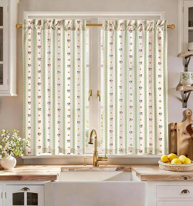 Miss Adola Farmhouse Kitchen Tier Curtains - 45 Inch Length Linen Blend Floral Cafe Curtains Green Stripe Small Window Treatment Over Sink Rod Pocket for Bathroom Living Room Light Filtering, 2 Panels