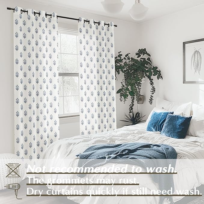Coastal Blue Floral Curtains for Living Room, 63 Inch Length Designer Duped Navy Blue Pattern Sheer Drapes for Living Room Bedroom 2 Panels Set