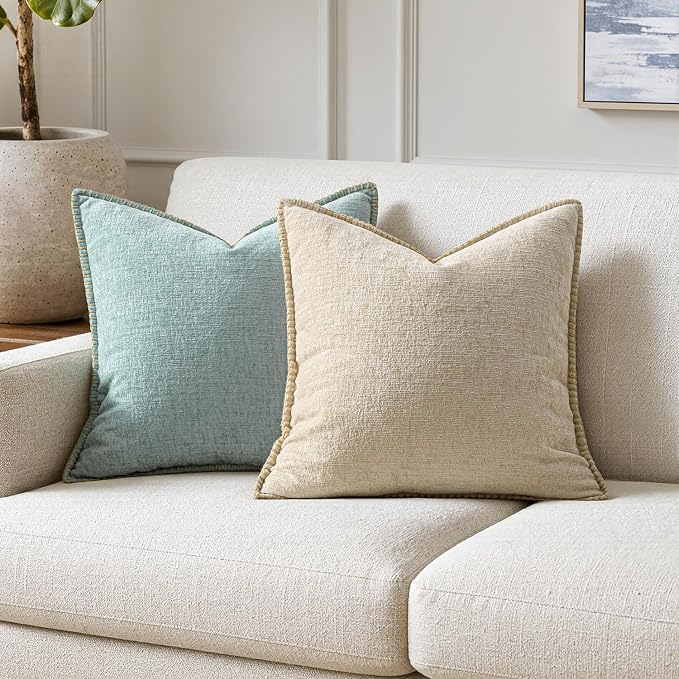 MIULEE Pack of 2 Couch Throw Pillow Covers 22x22 Inch Beige Farmhouse Decorative Pillow Covers with Stitched Edge Soft Chenille Solid Dyed Pillow Covers for Sofa Bed Living Room