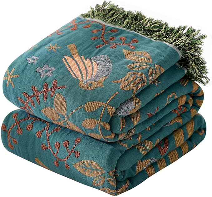 Bailix Boho Throw Blanket for Couch Sofa Bed, 100% Cotton Woven Quilt with Tassel 60”x80”, Super Soft Muslin Blanket with Bird Printed, Decorative Reversible Bed Blanket/Cover for All Seasons