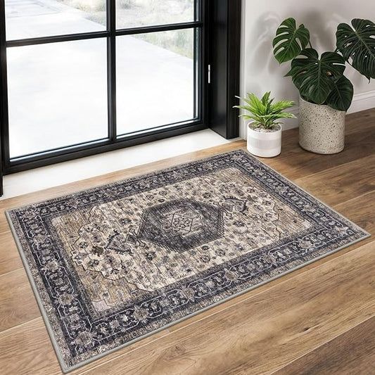 KUTA Vintage Entryway Rugs Indoor Ivory Grey-Black Washable Rug 2x3 Non-Slip Soft Printed Floral Medallion Doormat Small Accent Farmhouse Kitchen Throw Carpet for Entrance and Bedroom