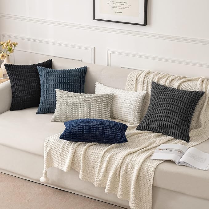 MIULEE Pack of 2 Corduroy Decorative Euro Sham Throw Pillow Covers 22x22 Inch Soft Boho Striped Pillow Covers Modern Farmhouse Home Decor for Summer Coastal Sofa Living Room Couch Bed Dark Blue