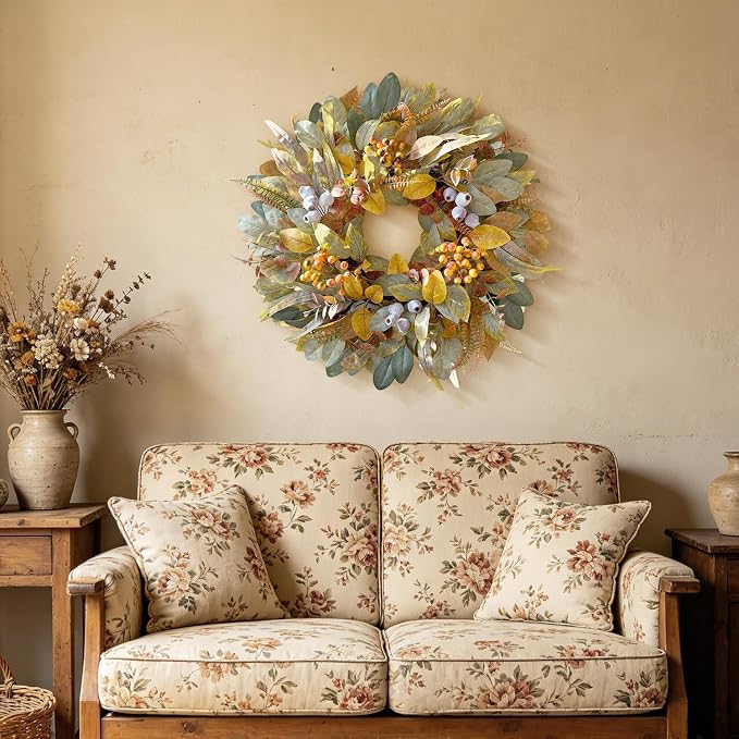 WANNA-CUL 22 Inch Eucalyptus Fall Front Door Wreath Harvest Farmhouse Decor | Year Round Vintage Artificial Greenery Autumn Wreath with Mixed Berries Indoor Outdoor Table Centerpiece Thanksgiving Decor