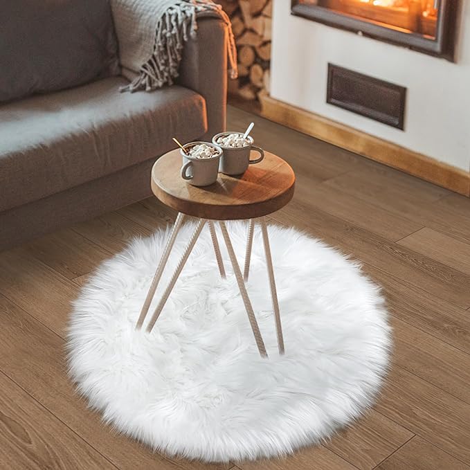 White Faux Fur Rug Small Round Fluffy Rug 2x2 Feet Round Rug for Kids Room Round Fuzzy Throw Rug for Bedroom Non-Slip Shag Faux Fur White Circle for Living Room Round Furry Rugs for Girls Room