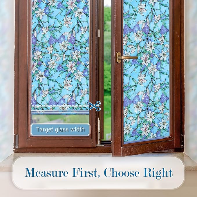rabbitgoo Stained Glass Window Film, Anti UV Heat Blocking Privacy Film for Glass Window Door Covering, Static Cling Removable Decorative Privacy Sticker for Bathroom, Blue Lily, 23.6 x 157.4 Inches