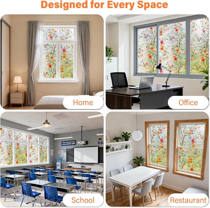 Finnez Floral Stained Glass Window Film, Rainbow Static Cling Privacy, No Glue Removable for Home Sliding Glass Doors, 35.4"x157.4"