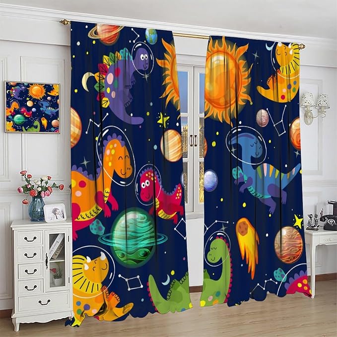 YCness Kids Dinosaur Curtains Cute Funny Cartoon Dino Outer Space Art Printed Blackout Window Drapes for Boys Girls Bedroom Children Nursery Decor Fabric Set 2 Panel 63x63 Inch 80% Shading Rate