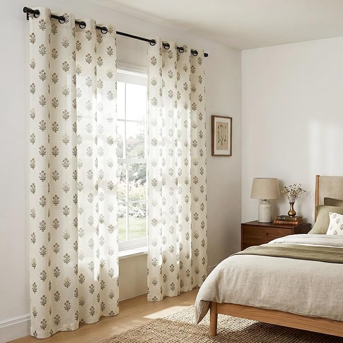 Brown and Green Vintage Floral Curtains for Living Room, Rustic Linen Semi Sheer Grommet Drapes, Country Farmhouse Dining Room Curtains 84 Inch Length 2 Panels Set