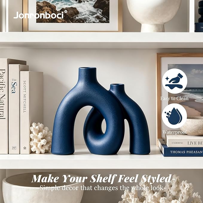 Hug Donut Decorative Vase Set - Navy Blue Vase, Modern Coastal Style Vases Home Decor, Matte Ceramic Decorations for Living Room Shelf, Bookshelf Mantle Entryway Table or Console Décor (Navy Blue)