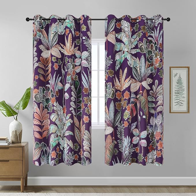Estelar Textiler Purple Boho Blackout Curtains Thermal Insulated Leaves Pattern Curtains & Drapes for Bedroom,Boho Curtains Energy Saving Drapes Decoration for Living Room,52x72 Inch,2 Panel