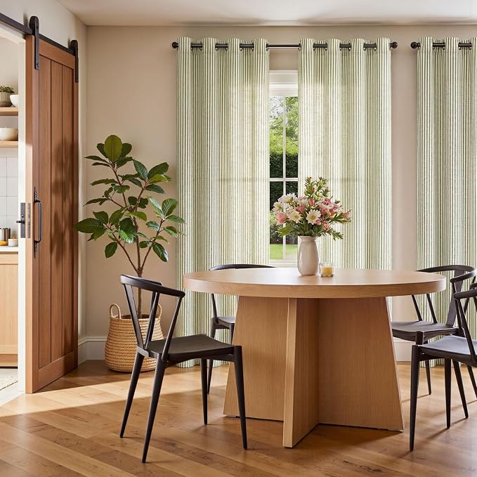 jinchan Linen Curtains for Living Room Sage Green on Beige Striped Curtains for Bedroom Ticking Stripe Pattern Light Filtering Farmhouse Cottage Core Rustic grommet Window Treatment 2 Panels 84 inches