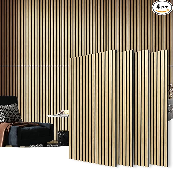 Art3d 4 Pack 47.2 x 23.6in. Wood Slat Acoustic Panels for Wall and Ceiling - 3D Fluted Sound Absorbing Panel with Wood Finish - Oak