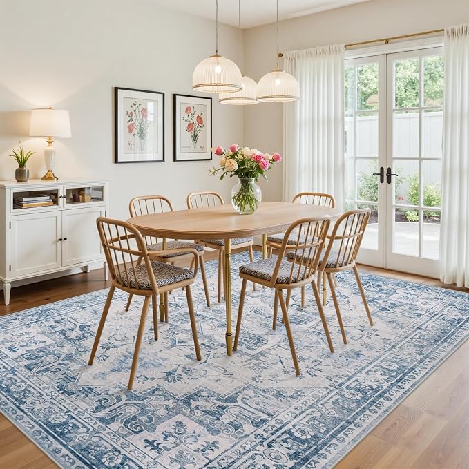 8x10 Area Rugs for Living Room:Blue Washable Vintage Medallion Boho Rug Non-Slip No Slip Stain Resistant Soft Low Pile Large Rugs Indoor Retro Carpet for Bedroom Nursery Dining (Blue Grey 8'x10')