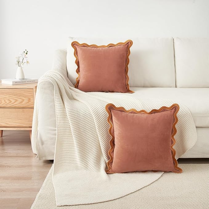 MONDAY MOOSE Decorative Throw Pillow Covers Cushion Cases, Set of 2 Soft Velvet Scalloped Wavy Edge Designs, Mix and Match for Home Decor, Pillow Inserts Not Included (16x16 inch, Pink/Honey)