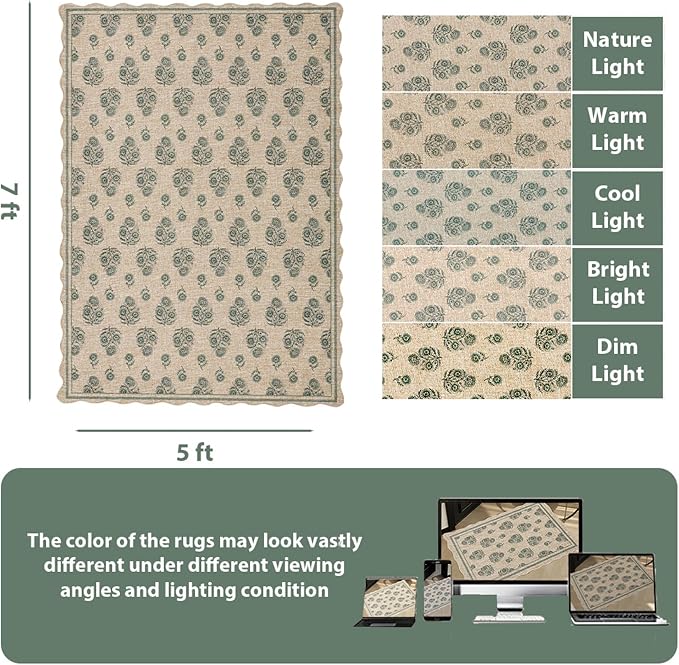 ORTIGIA Scalloped Easy Jute 5x7 Area Rug Vintage Green Floral Accent Farmhouse Washable Rug Non-Slip Indoor Outdoor Carpet for Living Room Bedroom Patio Entryway