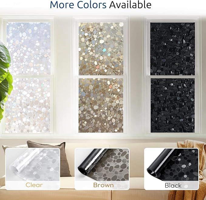 rabbitgoo Window Privacy Film, Decorative Rainbow Window Clings for Glass Covering, Static Cling Non Adhesive Door Stickers UV Blocking, Stained Glass Vinyl Decal, 3D Pebble, 17.5 x 118.1 inches